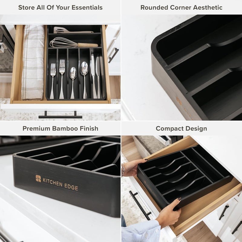KitchenEdge Silverware Organizer - Cutlery, Flatware, and Utensil Holder for Kitchen Drawers, Fixed 10.5” Width, 7 Storage Compartments, Non-Slip Feet, Rounded Corners, 100% Bamboo, Black Finish - Image 4